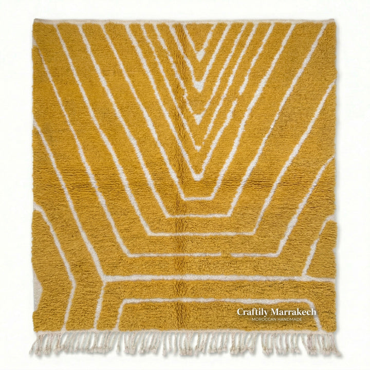 Authentic Custom Beni Ourain Rug | Carved Mustard Yellow Chevron