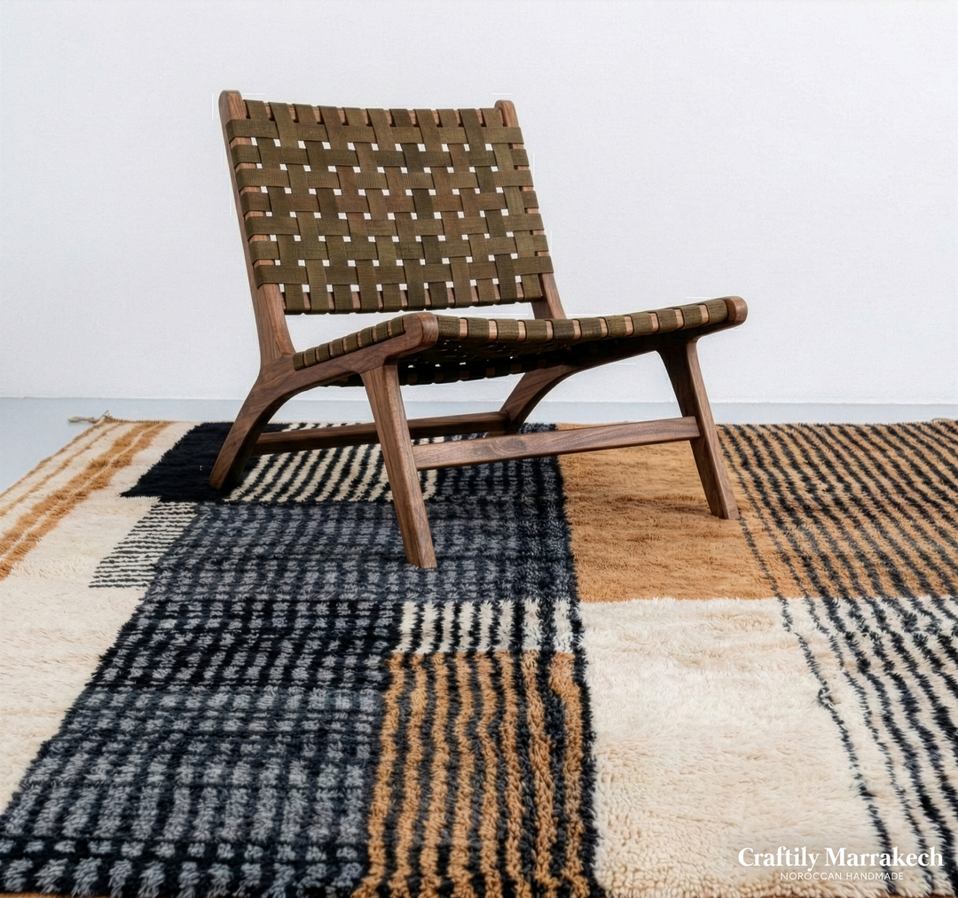 Custom Beni Mrirt Rug – Modernist Geometric Colorblock in Camel &amp; Slate