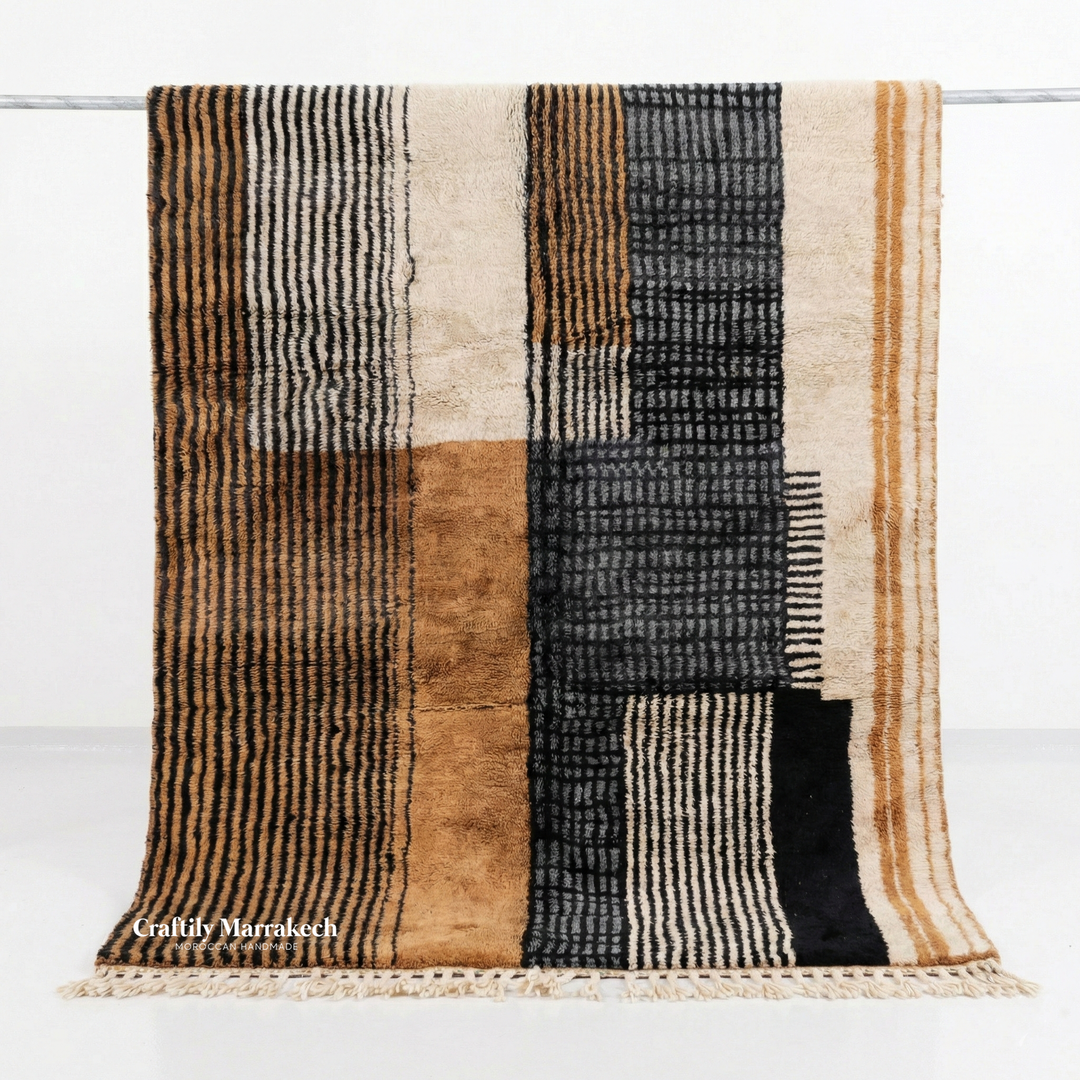 Custom Beni Mrirt Rug – Modernist Geometric Colorblock in Camel &amp; Slate