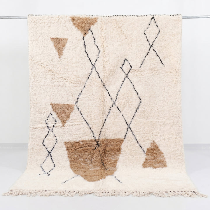 Custom Beni Ourain Rug | Plush Cream with Abstract Camel &amp; Charcoal Geometric