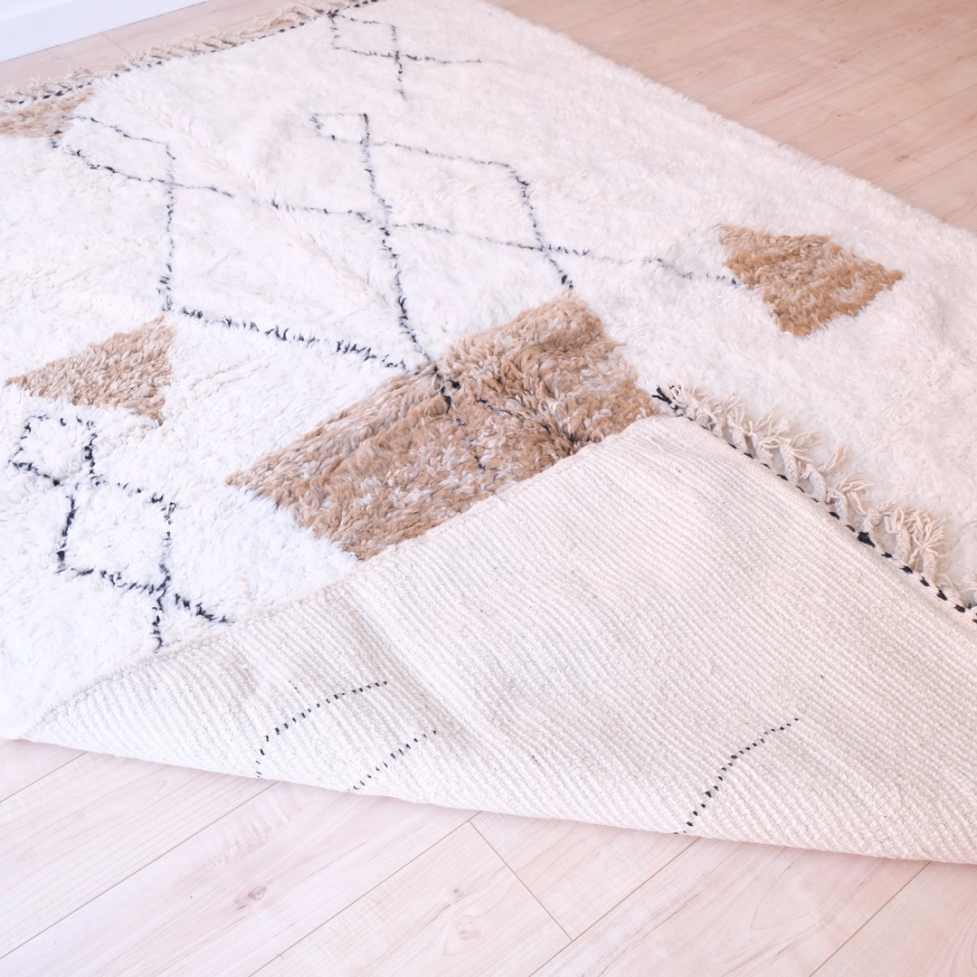 Custom Beni Ourain Rug | Plush Cream with Abstract Camel &amp; Charcoal Geometric