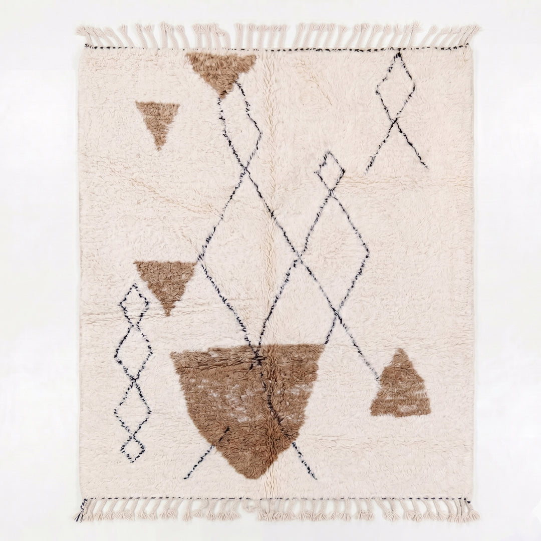Custom Beni Ourain Rug | Plush Cream with Abstract Camel &amp; Charcoal Geometric