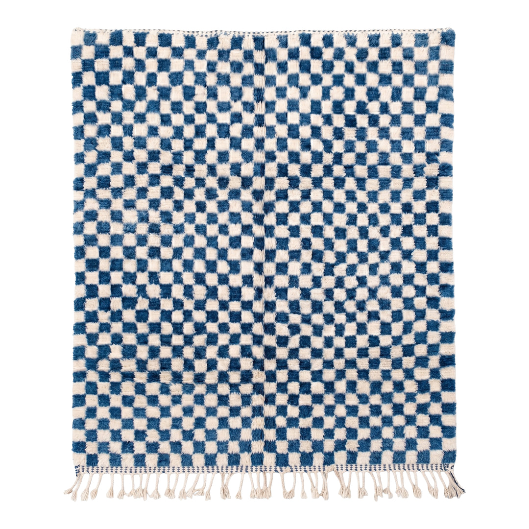 Authentic Custom Beni Ourain Rug | Pixel Blue Hand-Knotted Checkerboard