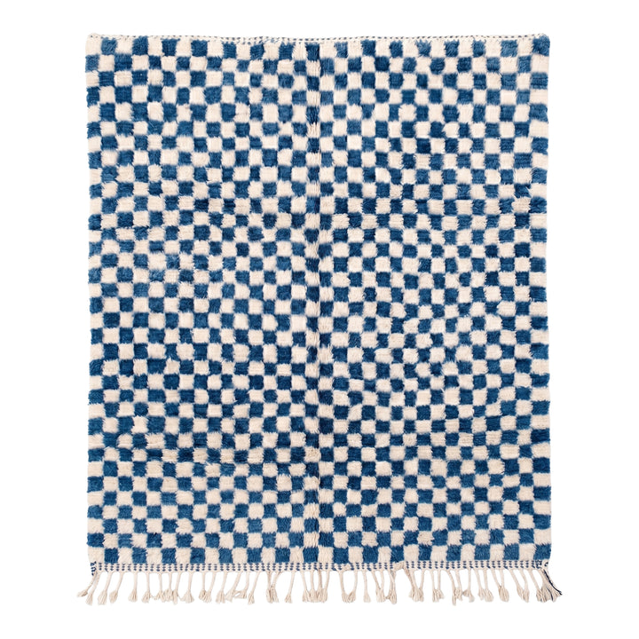 Authentic Custom Beni Ourain Rug | Pixel Blue Hand-Knotted Checkerboard