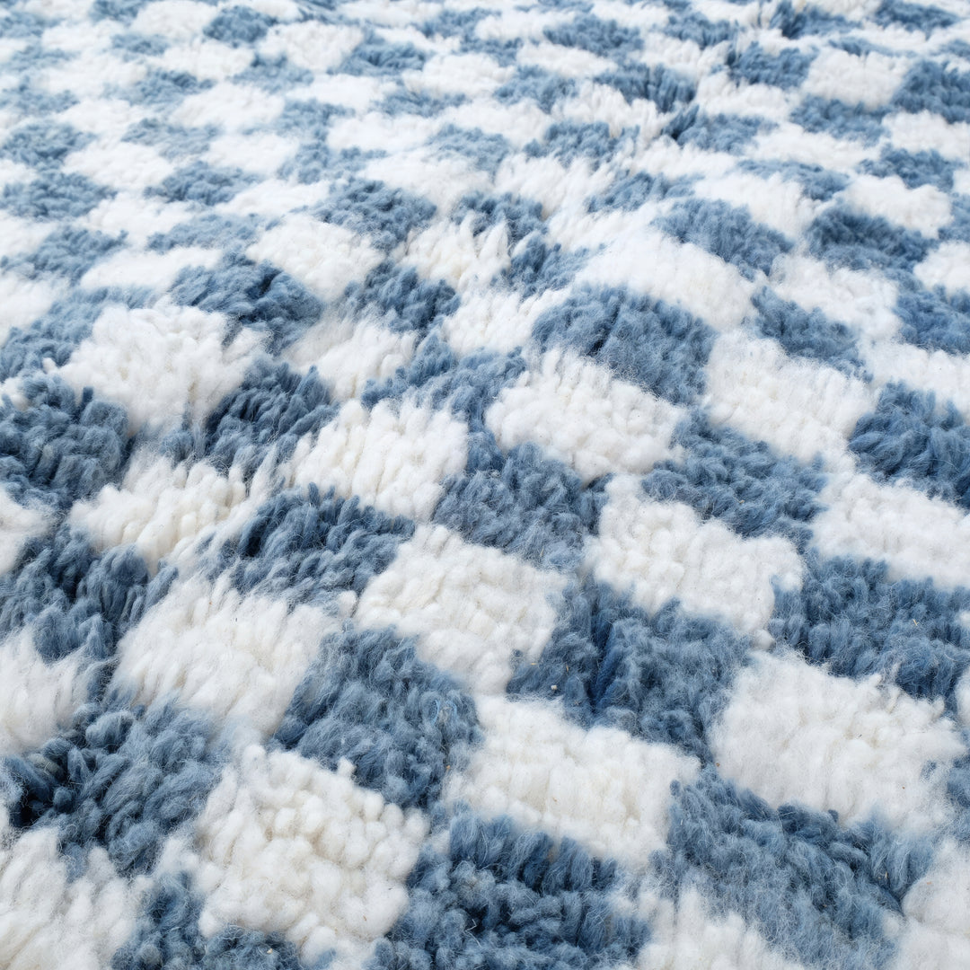 Custom Moroccan Round Rug – Pixel Blue Hand-Knotted Checkerboard