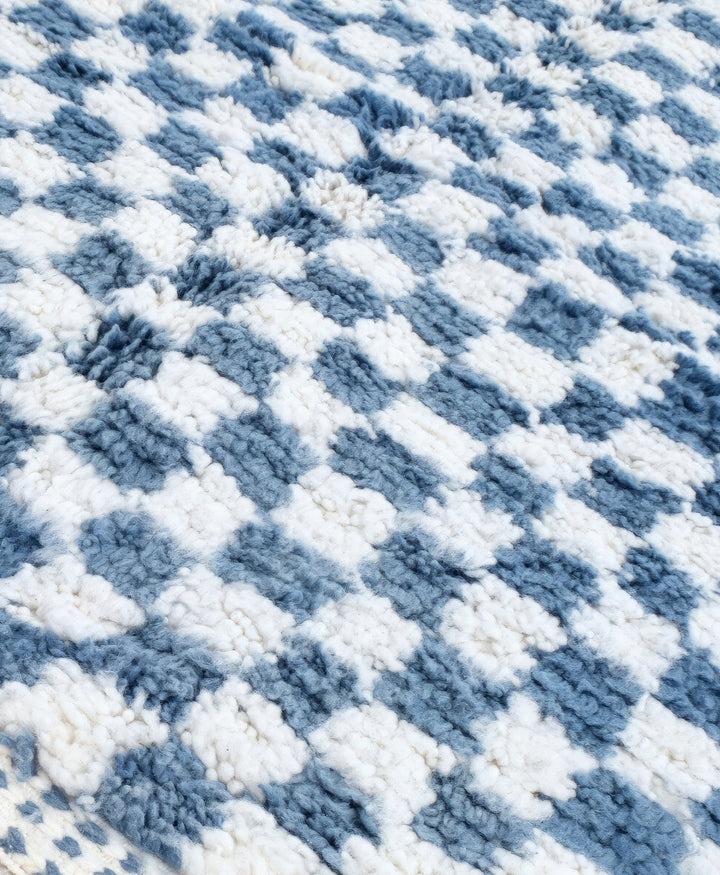 Beni Ourain Moroccan Runner Rug – Pixel Blue Hand-Knotted Checkerboard