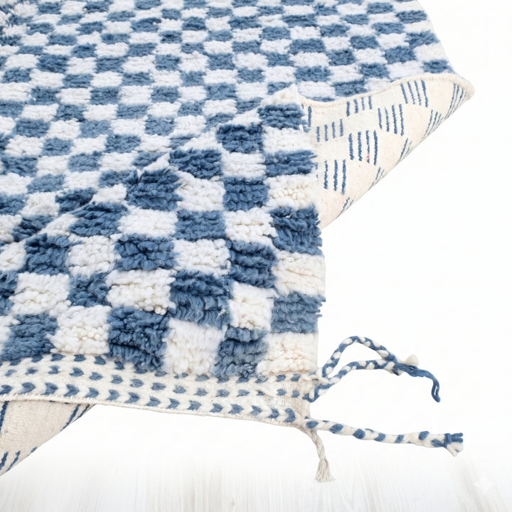 Beni Ourain Moroccan Runner Rug – Pixel Blue Hand-Knotted Checkerboard