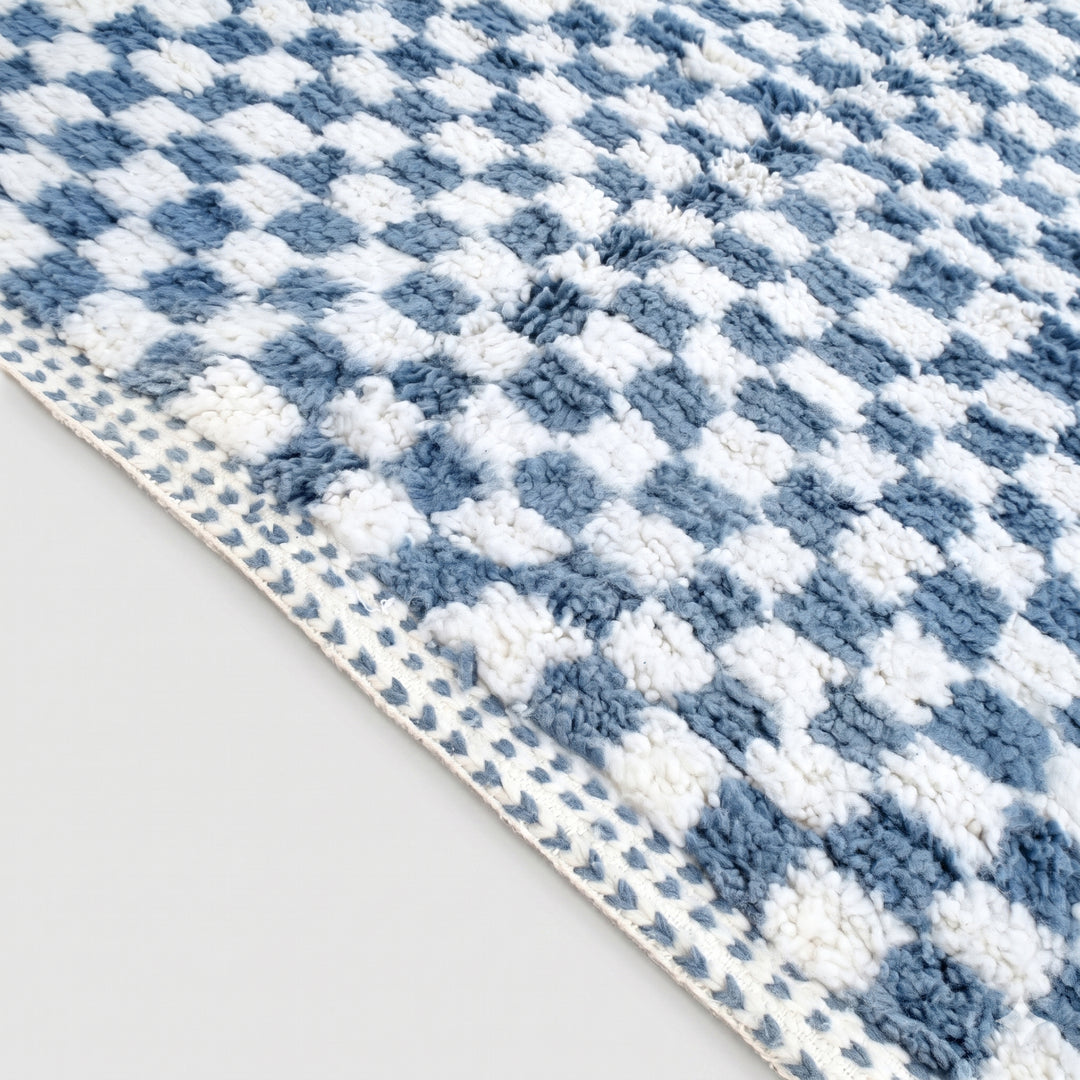 Beni Ourain Moroccan Runner Rug – Pixel Blue Hand-Knotted Checkerboard