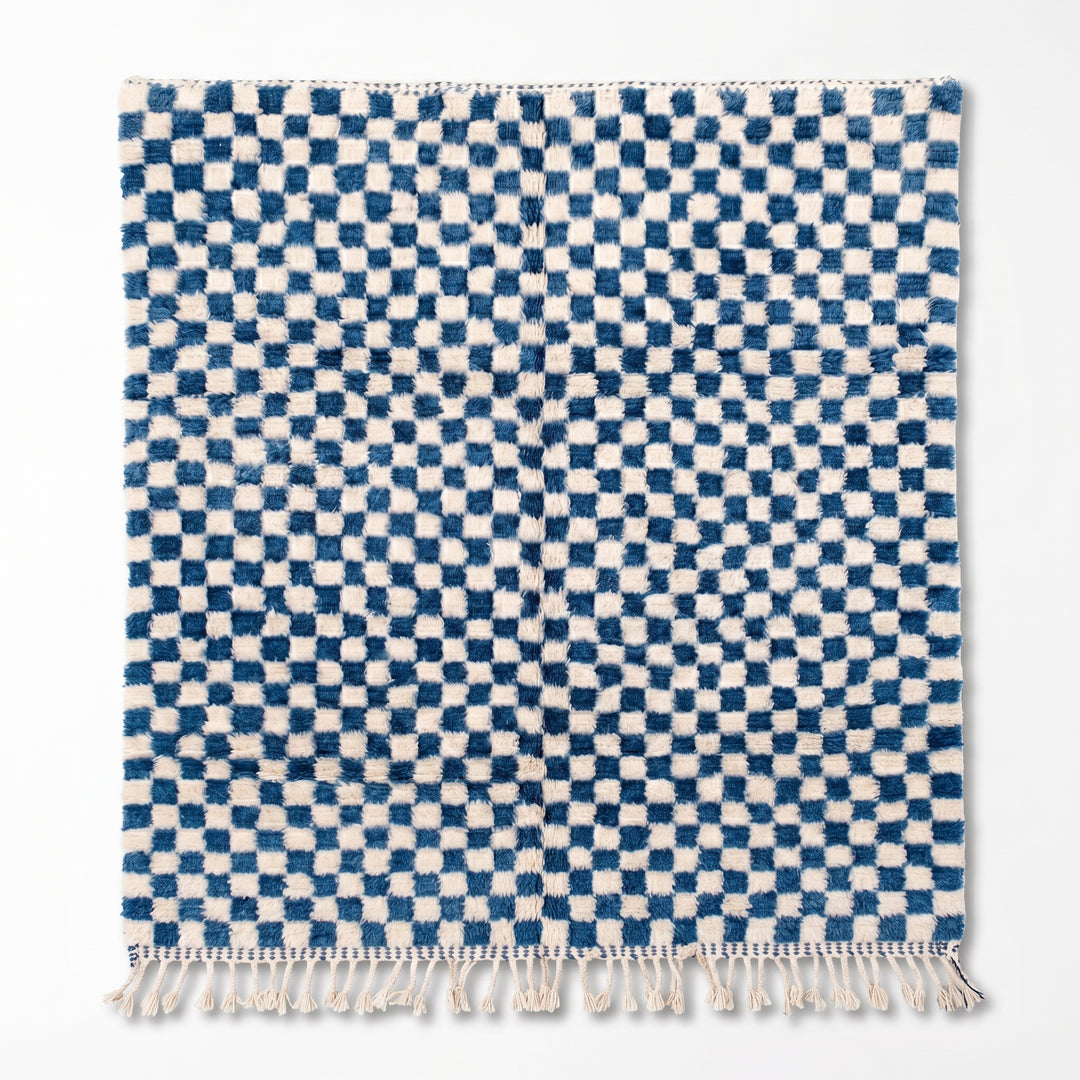 Custom Beni Ourain Rug | Pixel Blue Hand-Knotted Checkerboard