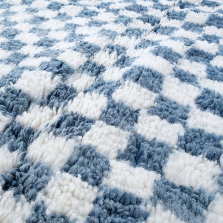 Authentic Custom Beni Ourain Rug | Pixel Blue Hand-Knotted Checkerboard