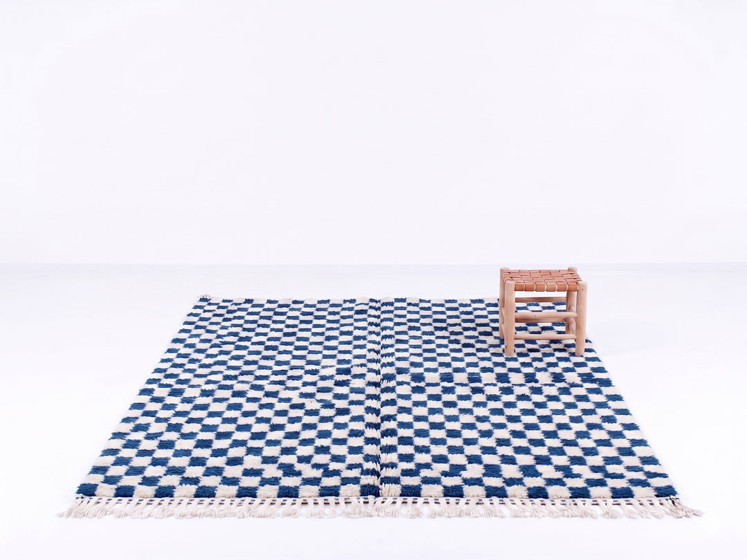 Authentic Custom Beni Ourain Rug | Pixel Blue Hand-Knotted Checkerboard