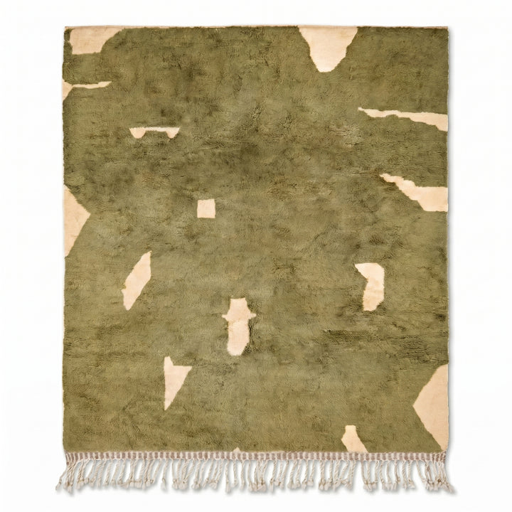 Custom Olive Green Beni Mrirt Rug | Abstract Cream Organic Wool Rug