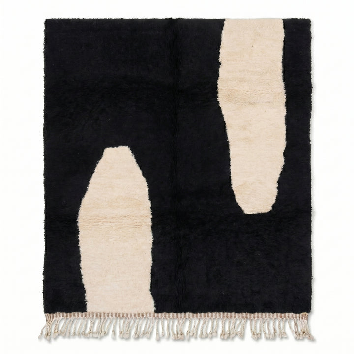 Tapis Beni Mrirt vert olive sur mesure | Abstrait noir et crème