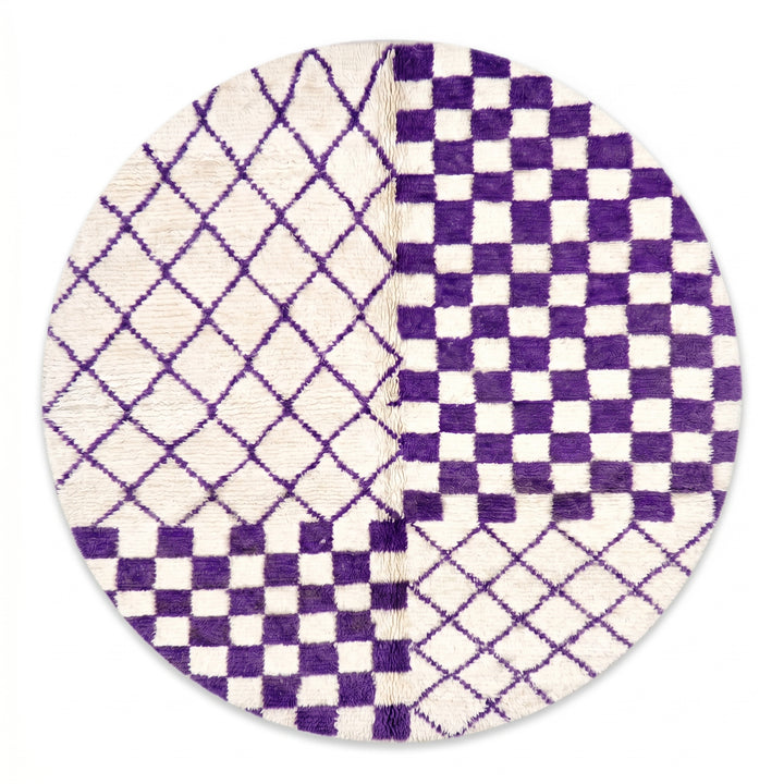 Custom Moroccan Round Rug –  Purple Checkerboard &amp; Diamond Trellis