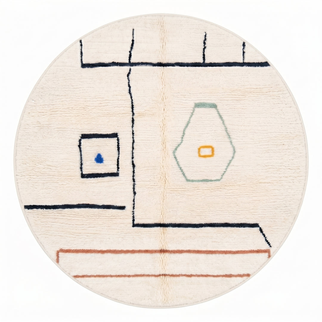 Custom Moroccan Round Rug – Minimalist Cream with Abstract Modern