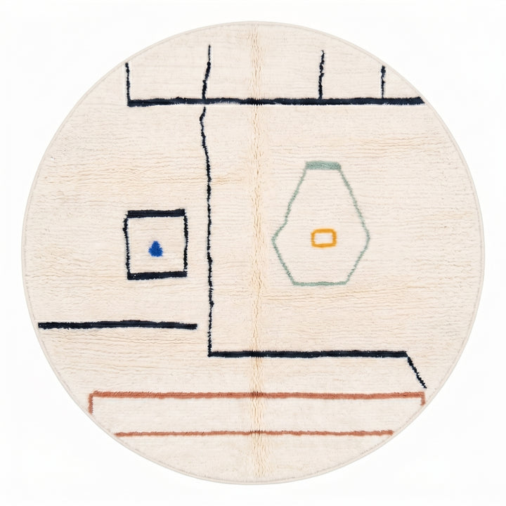 Custom Moroccan Round Rug – Minimalist Cream with Abstract Modern