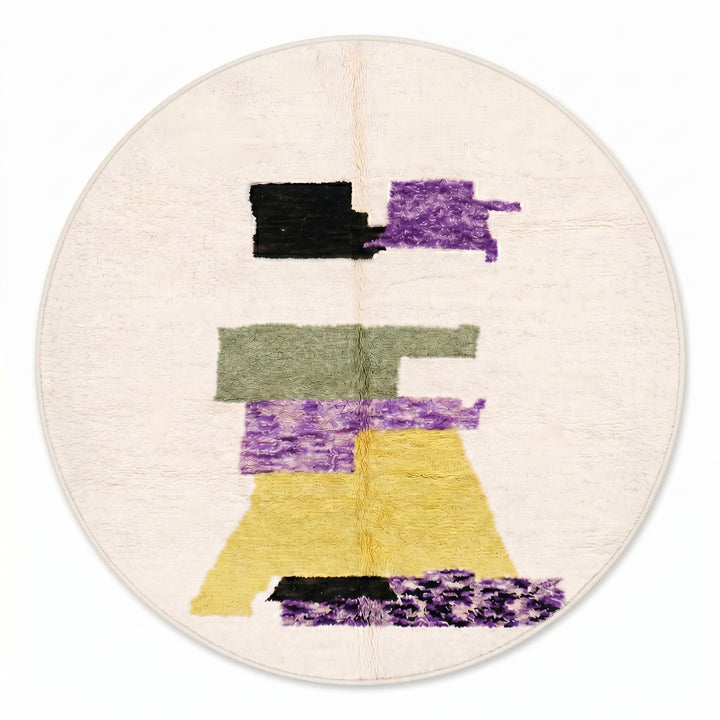 Custom Moroccan Round Rug – Minimalist Cream with Abstract Modern Art