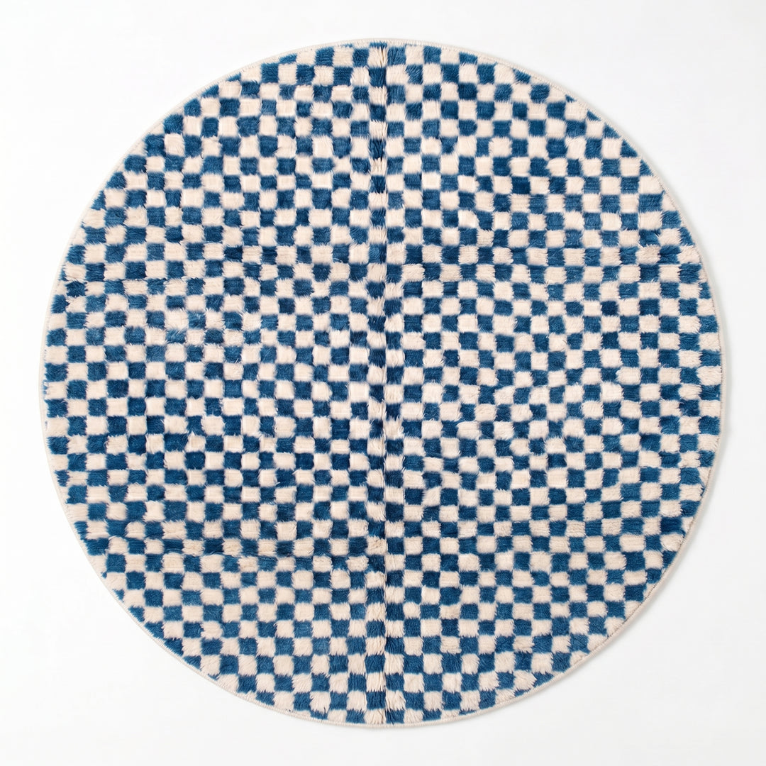 Custom Moroccan Round Rug – Pixel Blue Hand-Knotted Checkerboard