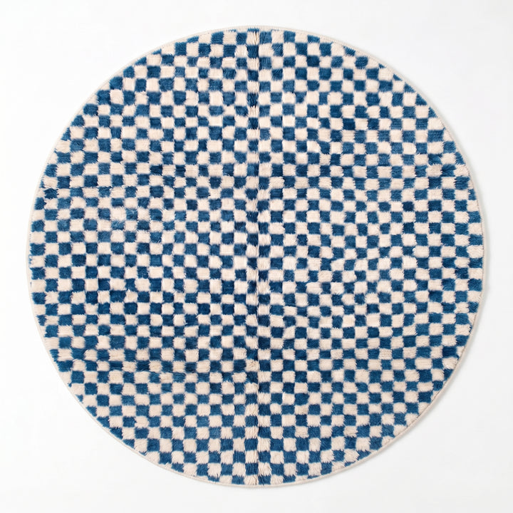 Custom Moroccan Round Rug – Pixel Blue Hand-Knotted Checkerboard