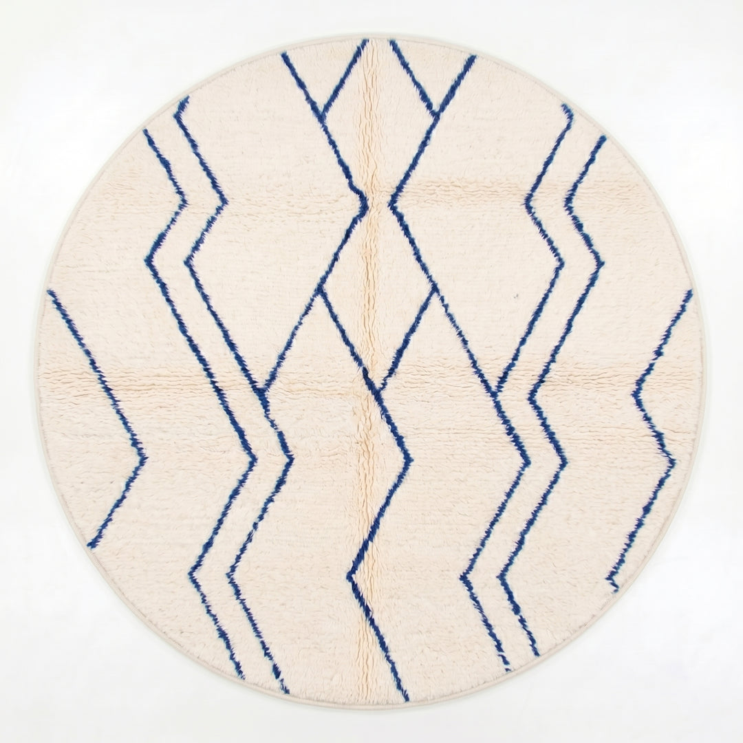 Tapis rond marocain sur mesure – Motif losanges bleus minimaliste
