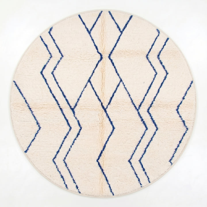 Tapis rond marocain sur mesure – Motif losanges bleus minimaliste