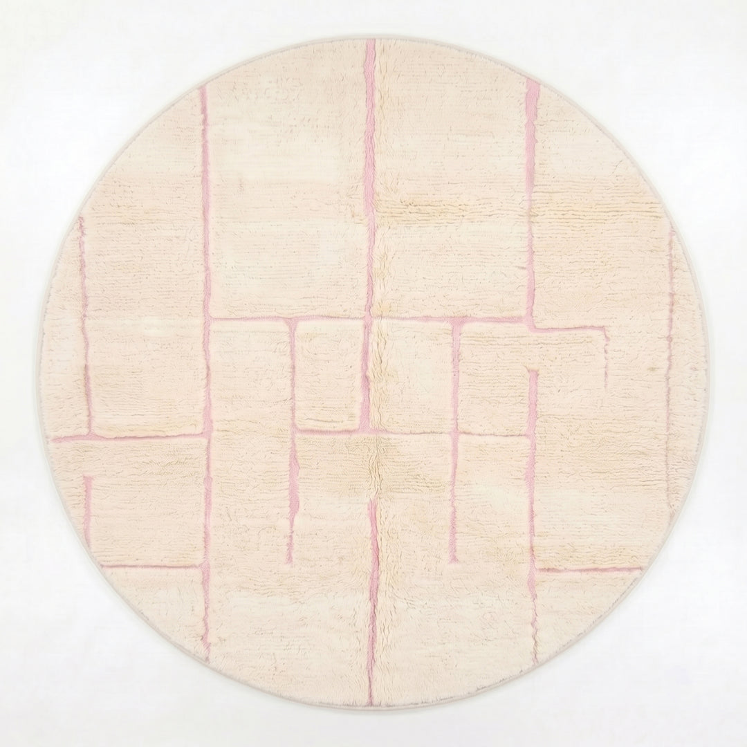 Custom Moroccan Round Rug – Cream &amp; Pink Modern Geometric Maze