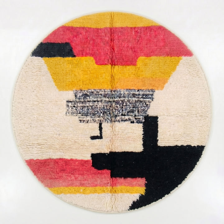 Tapis Rond Marocain Sur Mesure – Laine Crème, Corail et Moutarde Moelleuse