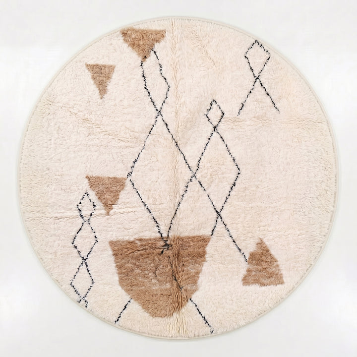 Custom Moroccan Round Rug – Plush Cream with Abstract Camel
