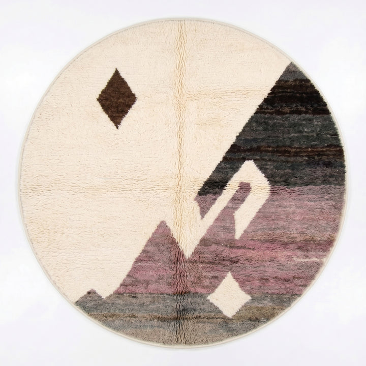 Tapis marocain rond sur mesure – Rose poudré et tons olive et terre