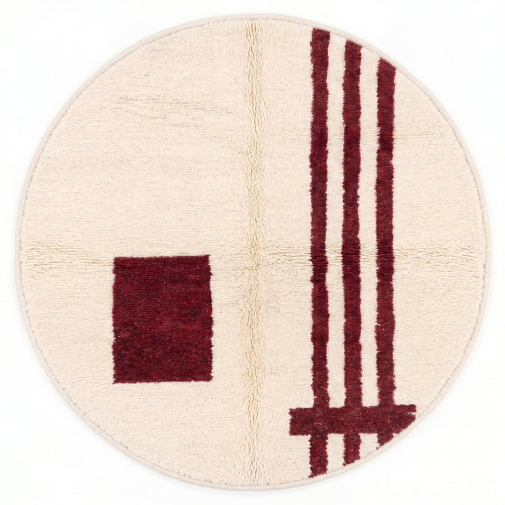Custom Moroccan Round Rug – Deep Red Abstract Motif
