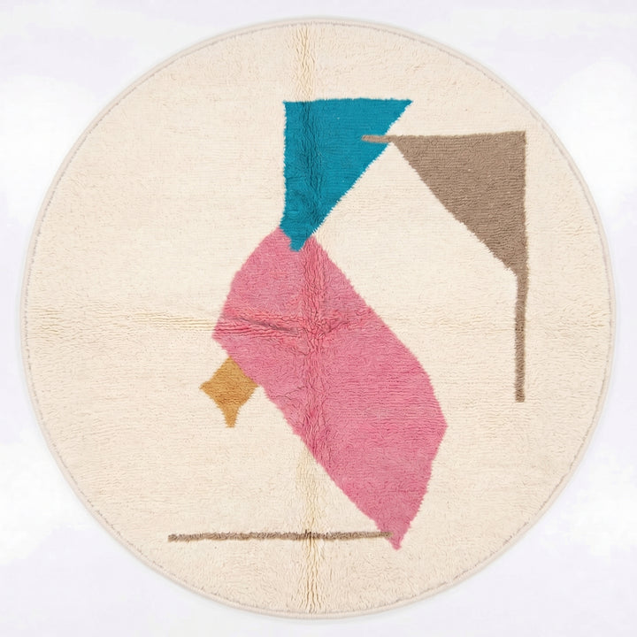 Custom Moroccan Round Rug – Cream Base with Vibrant Abstract Art Motifs