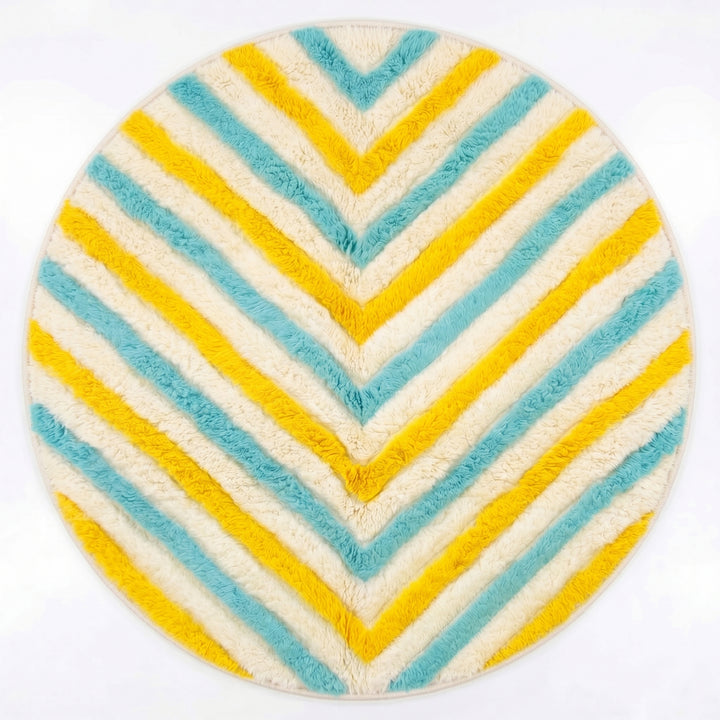 Custom Moroccan Round Rug – Cream Wool with Turquoise &amp; Yellow Zigzag