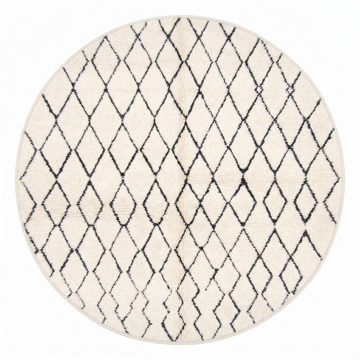 Custom Moroccan Round Rug – Cream &amp; Charcoal Geometric Shag