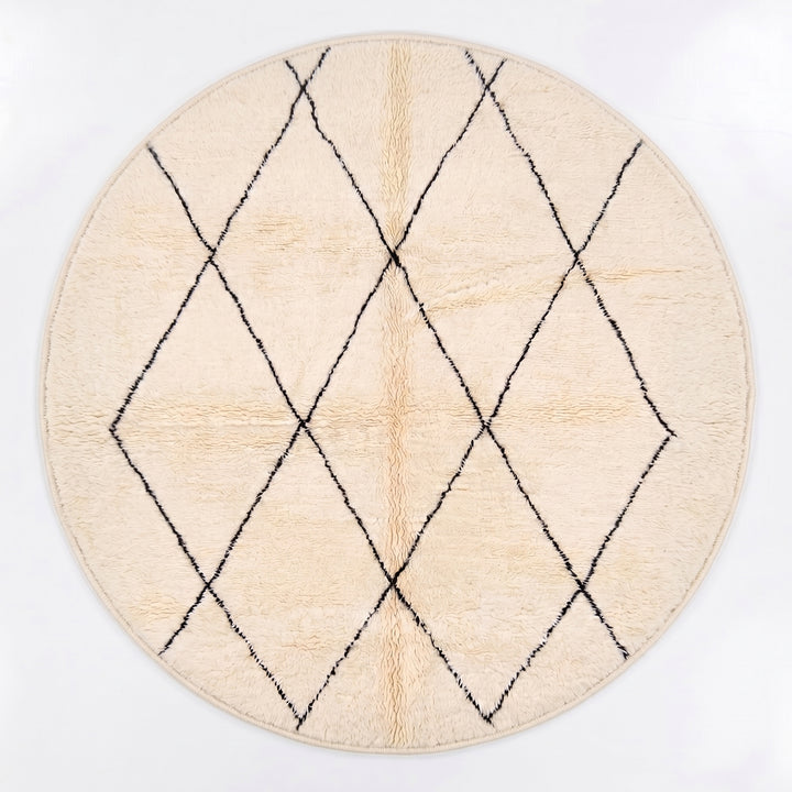 Tapis rond marocain sur mesure – Nœuds géométriques minimalistes crème et anthracite