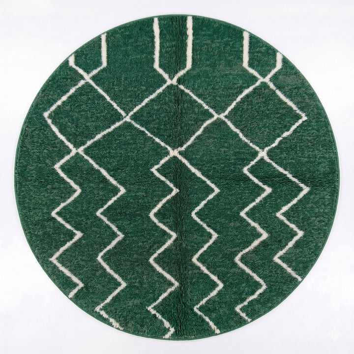 Tapis Rond Marocain Sur Mesure – Zigzag Vert et Crème