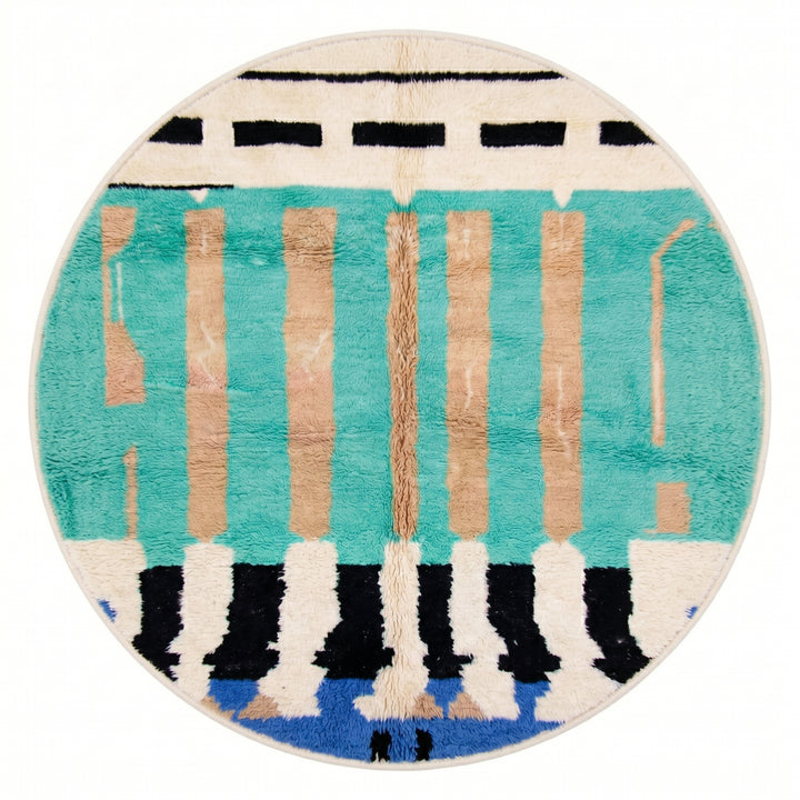 Tapis rond marocain sur mesure – Rayures vibrantes vert menthe et sable