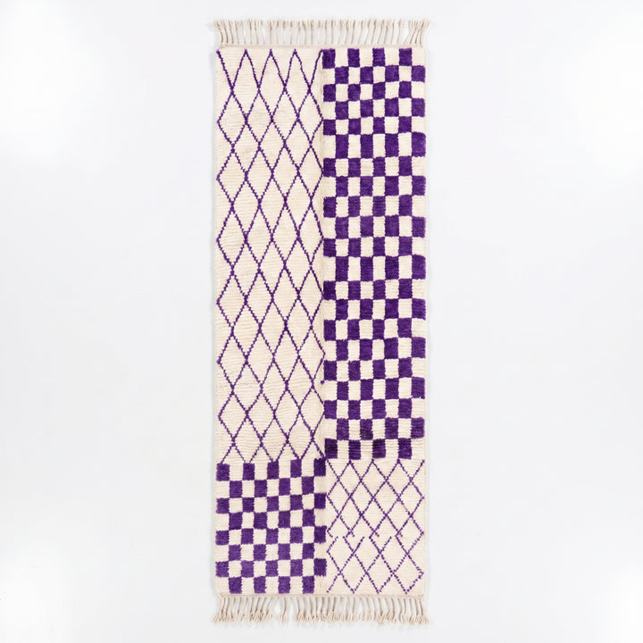 Beni Ourain Moroccan Runner Rug –  Purple Checkerboard &amp; Diamond Trellis