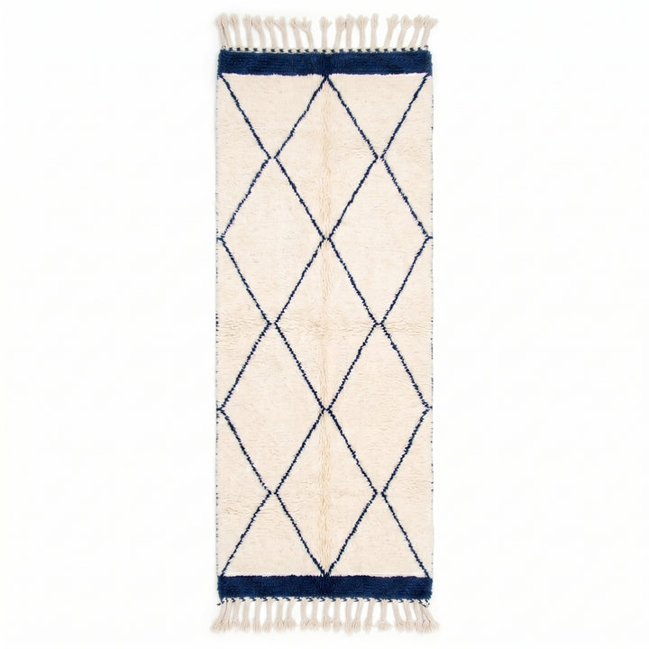 Beni Ourain Moroccan Runner Rug - Classic Blue Diamond Trellis