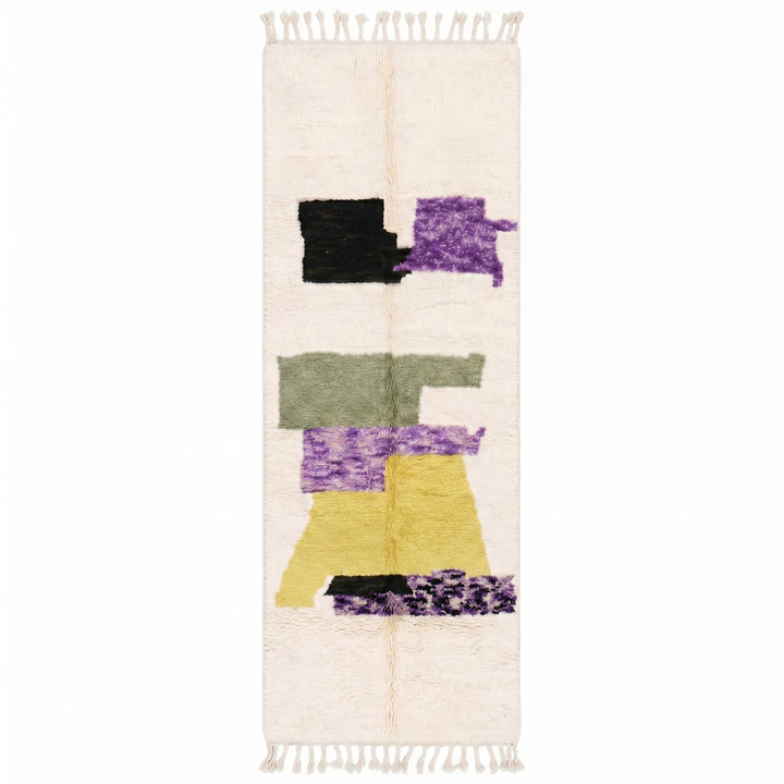 Beni Ourain Moroccan Runner Rug - Minimalist Cream with Abstract Modern Art