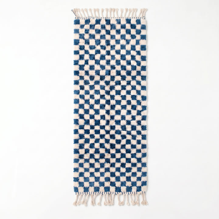 Beni Ourain Moroccan Runner Rug – Pixel Blue Hand-Knotted Checkerboard