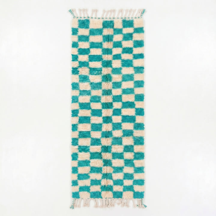 Beni Ourain Moroccan Runner Rug – Turquoise &amp; Ivory Checkerboard Pattern