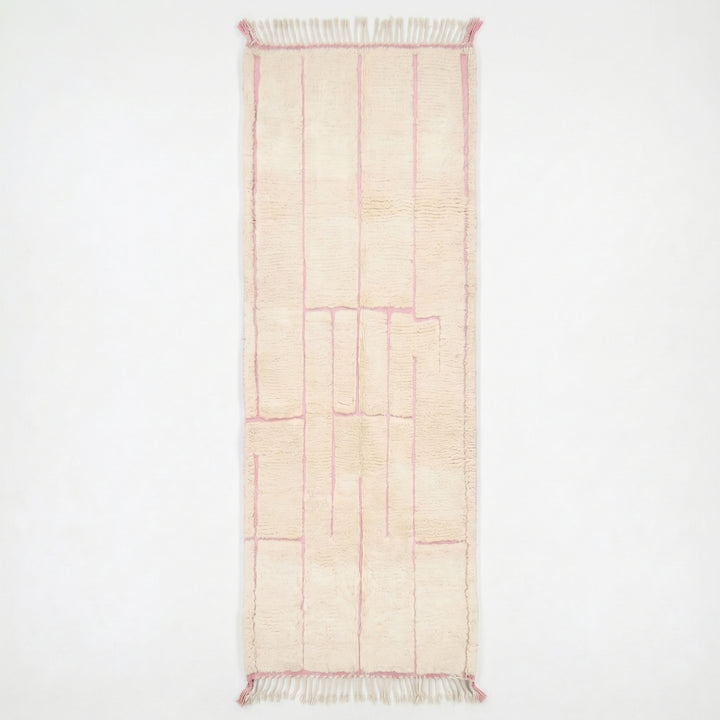 Beni Ourain Moroccan Runner Rug – Cream &amp; Pink Modern Geometric Maze