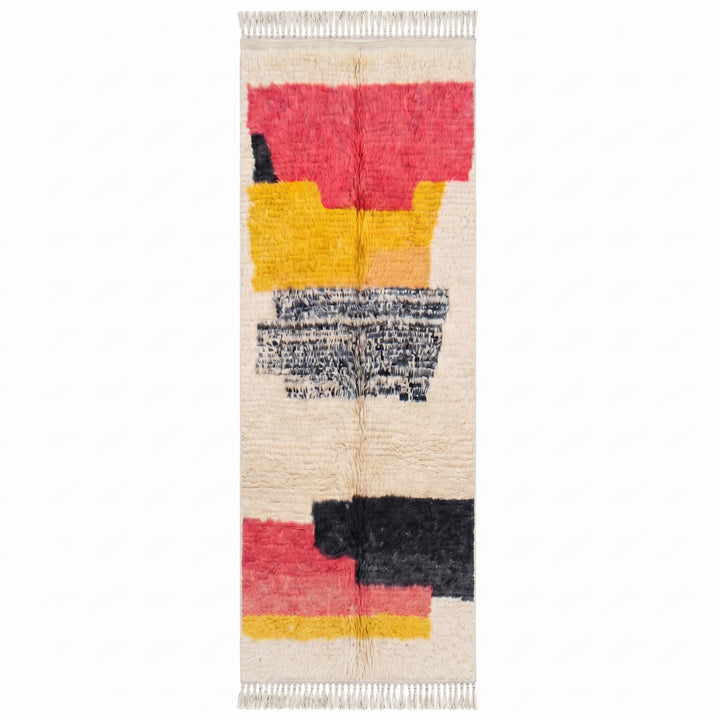 Beni Ourain Moroccan Runner Rug – Plush Cream and Coral and Mustard Wool
