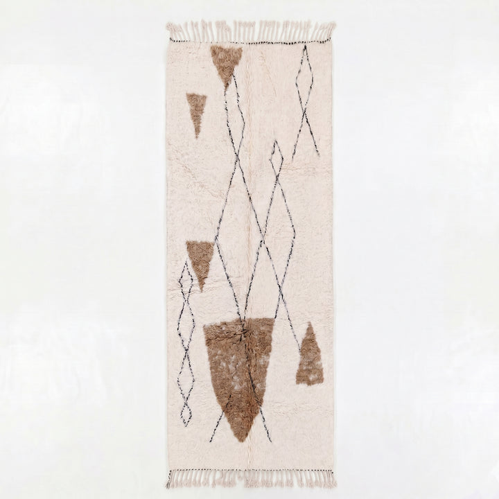 Beni Ourain Moroccan Runner Rug – Plush Cream with Abstract Camel &amp; Charcoal Geometric