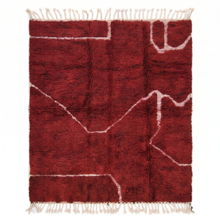 Custom Beni Ourain Rug | Deep Crimson with Abstract Line Art