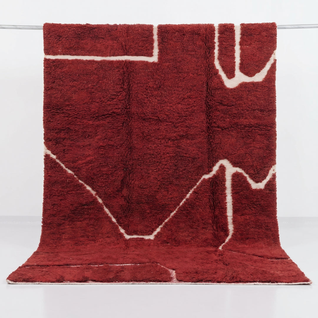Custom Beni Ourain Rug | Deep Crimson with Abstract Line Art