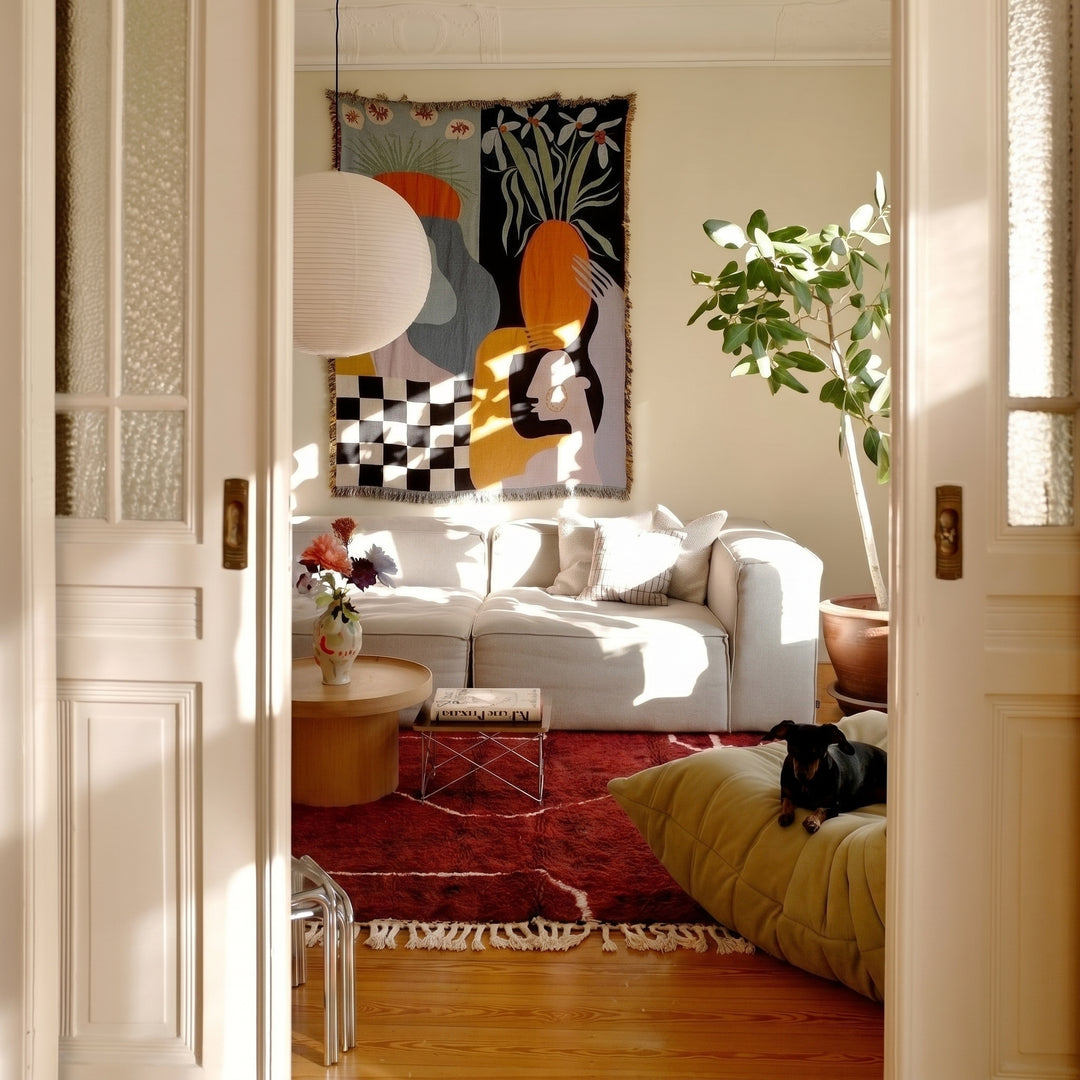 Custom Beni Ourain Rug | Deep Crimson with Abstract Line Art