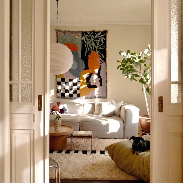 Custom Beni Ourain Rug | Two-Tone Beige with Dashed Black Stripe