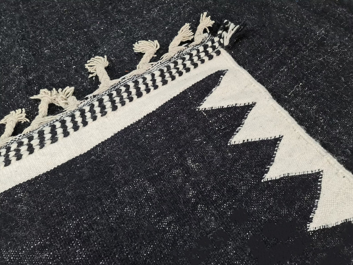 Custom Moroccan Flatweave Kilim Rug | Solid Black with White Sawtooth Border
