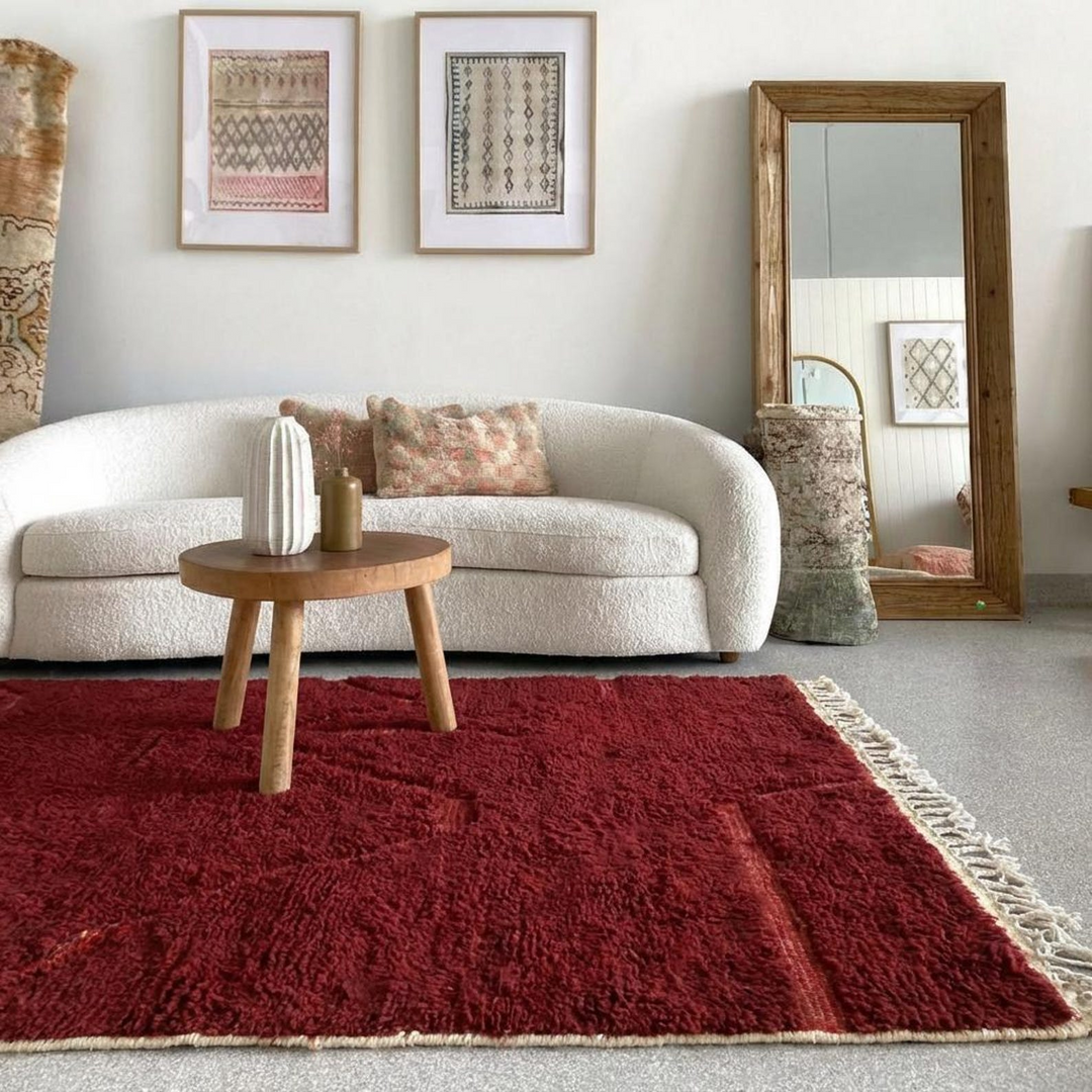 Custom Beni Ourain Rug | Deep Crimson with Abstract Line Art